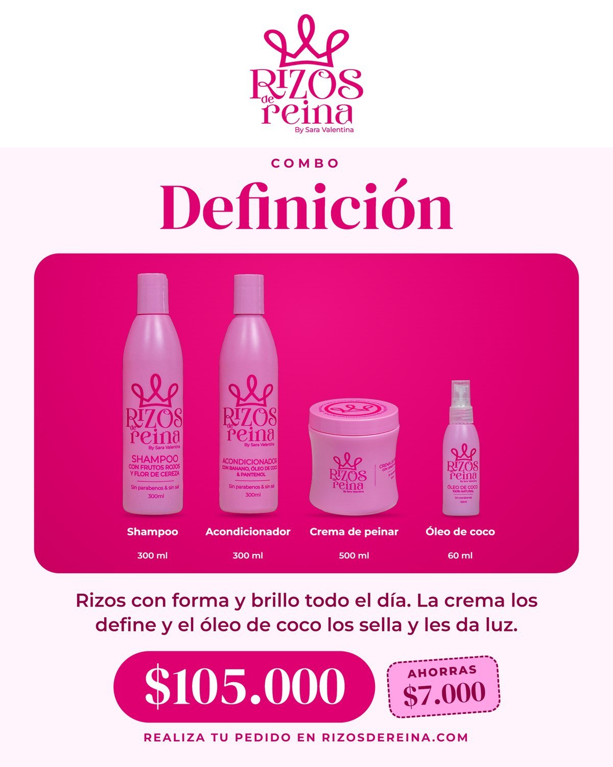 Combo Definición Rizos de Reina: shampoo, acondicionador, crema de peinar y óleo de coco por $105.000