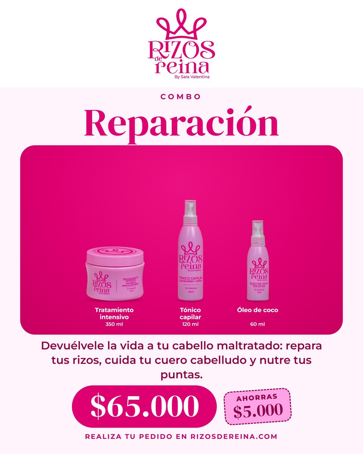 Combo Reparación Rizos de Reina: tratamiento intensivo, tónico capilar y óleo de coco por $65.000
