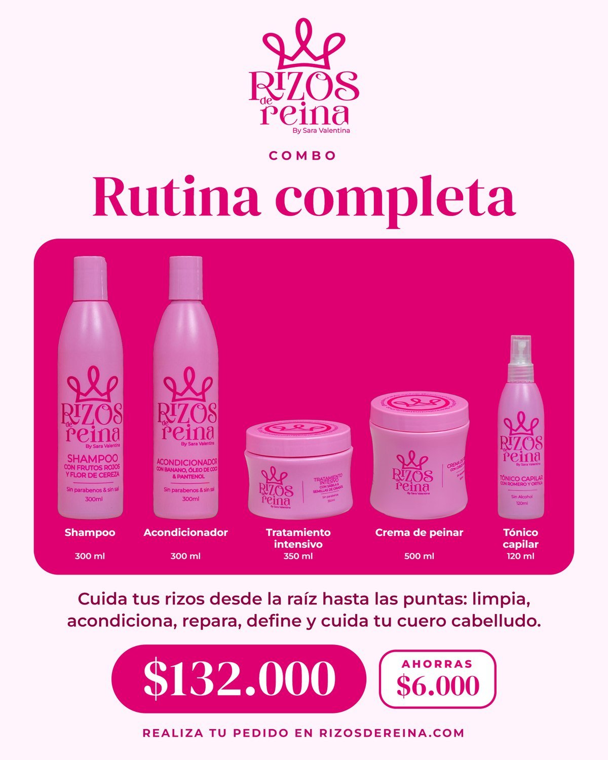 Combo Rutina completa Rizos de Reina: shampoo, acondicionador, tratamiento intensivo, crema de peinar y tónico capilar por $132.000